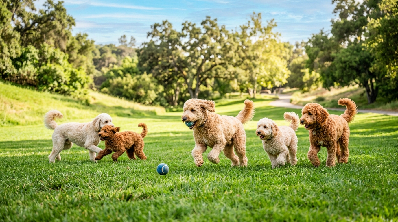 A group of happy Goldendoodles playing in a sunlit park